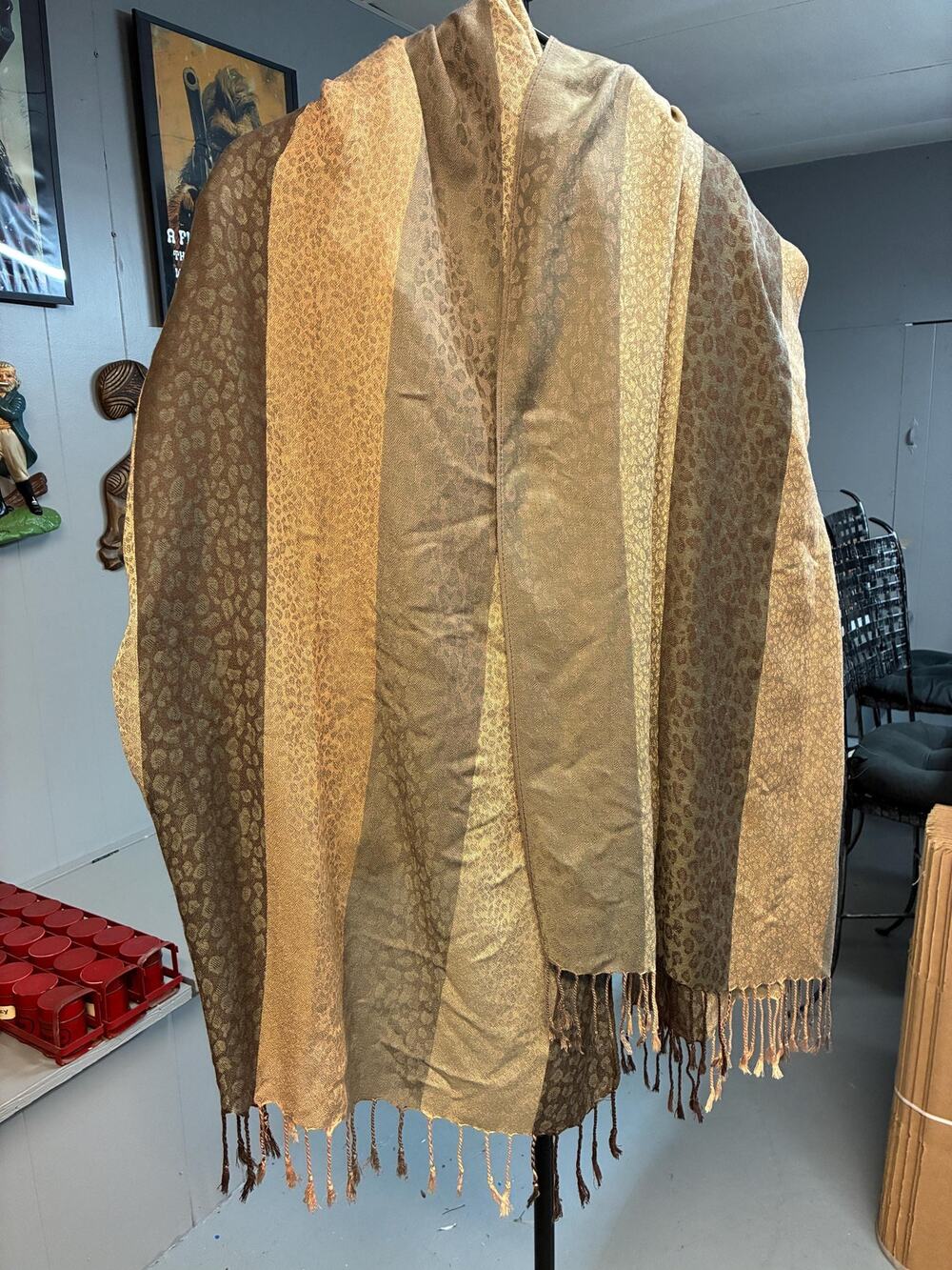 Vintage Animal Print Striped Shawl Scarf | Earth Tone Fringe | 28"x72" Boho